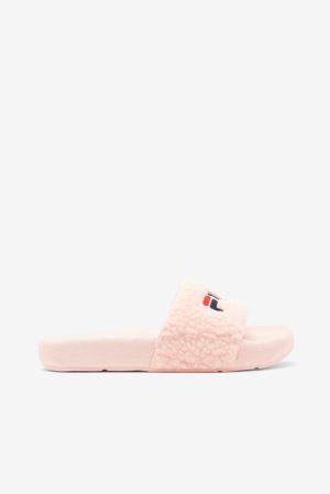 FILA Fuzzy Drifter Slides Pink / Navy / Red,Womens Shoes | CA.HZQDTO519